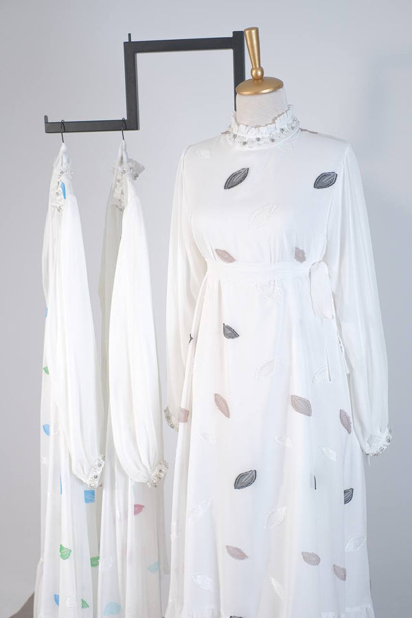 White dress with colorful chiffon prints. 6596